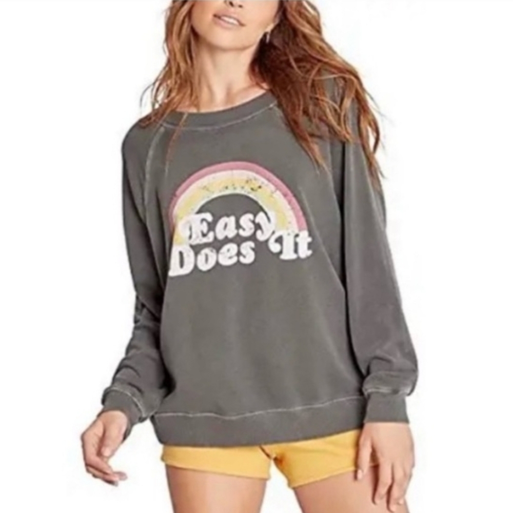 WILDFOX Charcoal Graphic Spring Sweatshirt Rainbow "Easy Does It" NWT Oversized